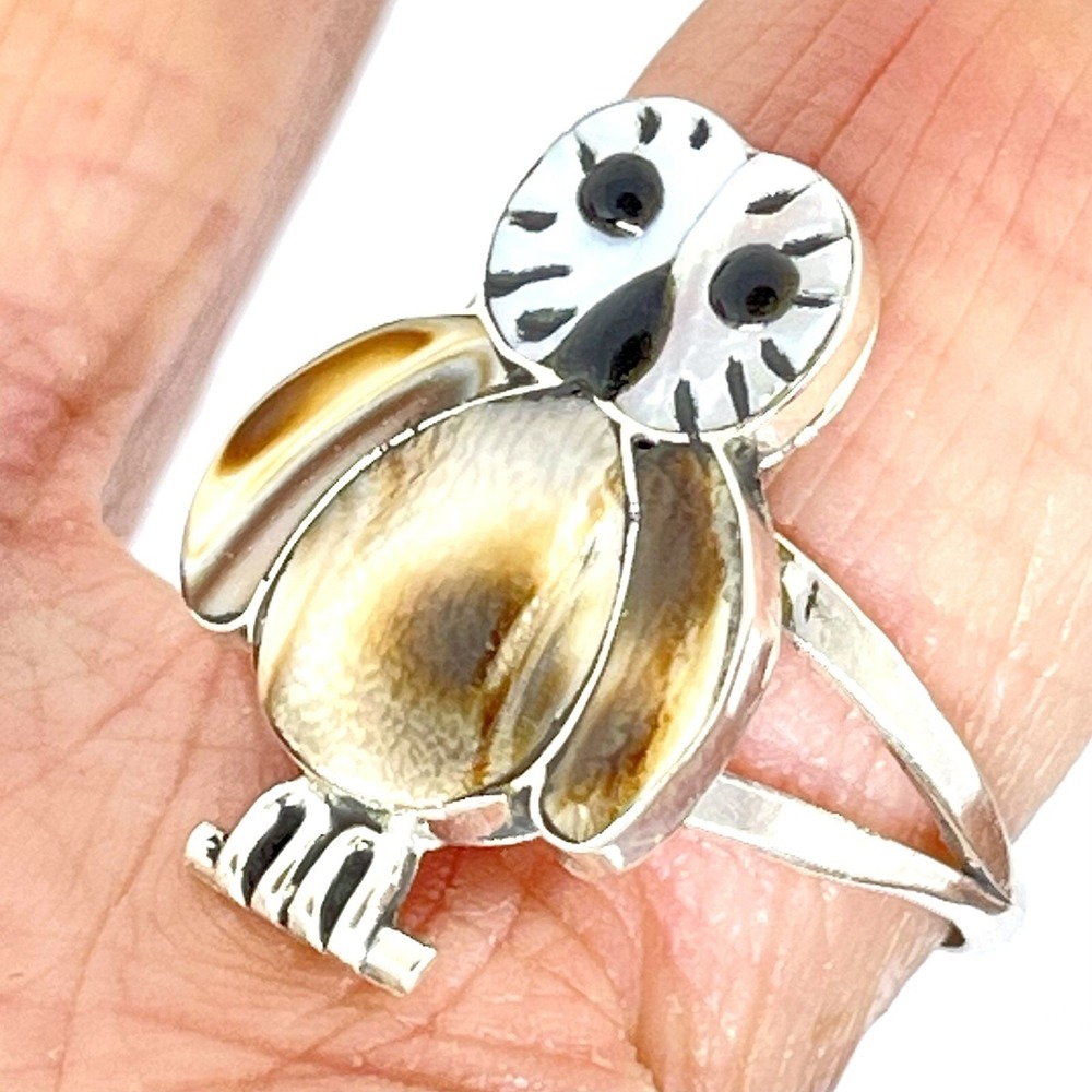 Zuni Inlay Barn Owl Ring Sz 8 Turquoise Signed Sterling Native Native America - Picture 3 of 6